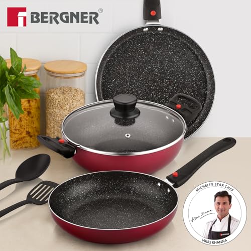 Image of Bergner Sherry Plus 5-Layer Non-Stick Coating 6 Pcs Cookware Set with Induction Bottom and Detachable Handle, 24cm /2.5L Kadai with Lid, 24cm /1.6L Frypan, 25cm Dosa Tawa, 2 Nylon Spatulas (Maroon)