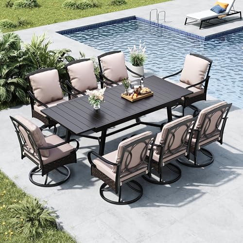 MFSTUDIO Outdoor Dining Sets with Swivel Chairs for 8, Expandable Patio Table and Chairs, Heavy Duty Patio Dining Set for 8, Metal Rectangular Table & Wicker Chair, Bakcyard, Porch