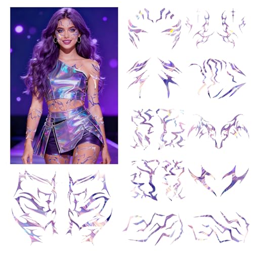 12 Sheets Cosplay Holographic Temporary Tattoos，Dance Fake Tattoos Stickers for Cosplay, Halloween, Music Festival, Dance Party Makeup, Fantasy Creature Design, Fantasy Theme Costume Accessories
