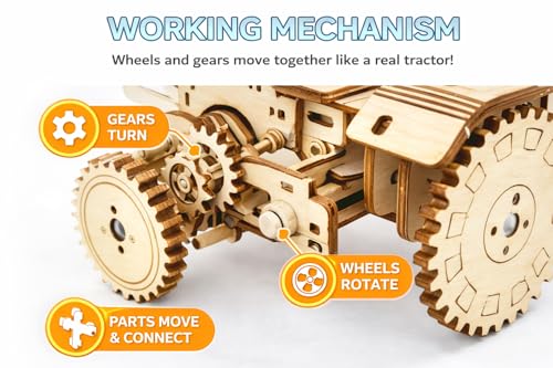 Image of FLERCISADIY Wooden Tractor Model Kit for Kids | STEM Science Experiment Toy | 3D Puzzle Craft | Educational Engineering Toy for Boys & Girls (8+ Years) (Tractor)