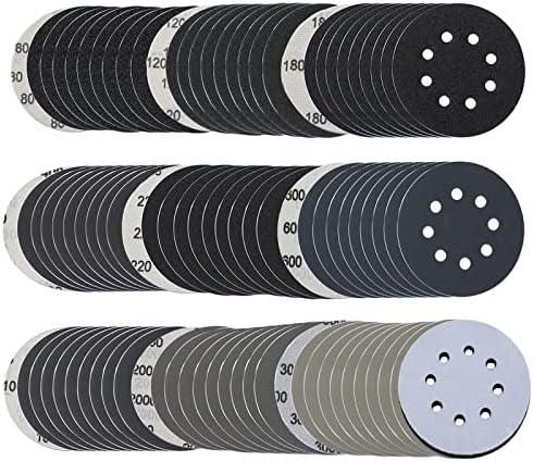 5 Inch Sanding Disc 90 Pcs, 8 Holes Wet Dry Silicon Carbide Hook and Loop Round Flocking Orbital Sandpaper 80 120 180 220 400 600 1000 2000 3000 Assortment Grits for Wood, Metal, Auto, Car Polishing