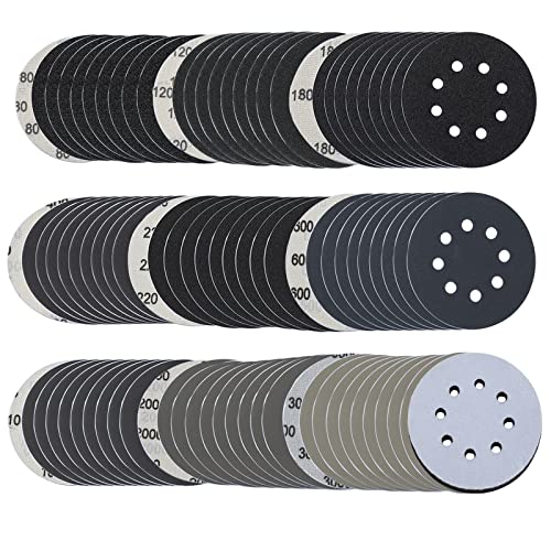 5 Inch Sanding Disc 90 Pcs, 8 Holes Wet Dry Silicon Carbide Hook and Loop Round Flocking Orbital Sandpaper 80 120 180 220 400 600 1000 2000 3000 Assortment Grits for Wood, Metal, Auto, Car Polishing