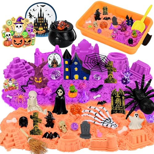 Halloween Sensory Bin Sandbox Set for Kids, Play Sand Art Kit with 2.2 lbs Magical Sand, Sandbox with Sensory Toys, Castle Moulds, for Toddlers, Girls and Boys Ages 3 4 5 6 7 8