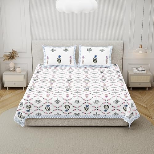 Image of DE CAMA 100% Cotton King Size Bedsheet, Blue & Pink | 300 TC Premium, 90 x 108 Inch, 2 Pillow Covers Set 17 x 27 Inch, Hand Block Printed, Since 1997