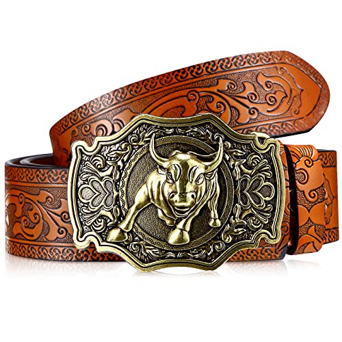 Photect Western Leather Buckle Belts Cowboy Longhorn Cattle Buckle Belt Floral Embossed Cowboy Belts for Men, 1.5 Inch Wide