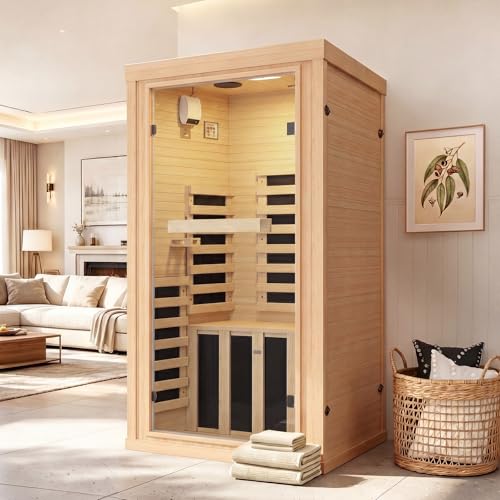 Aoxun Infrared Sauna for Home, 1 Person Indoor Dry Sauna Room, Hemlock, Chromotherapy Light, Low EMF Far Infrared, Blutooth Speakers