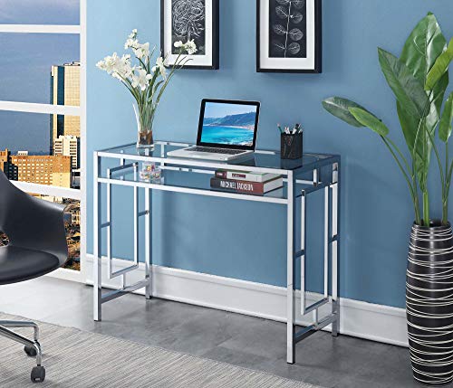 Convenience Concepts Town Square Chrome Desk With Shelf, Clear Glass / Chrome Frame #TOP3