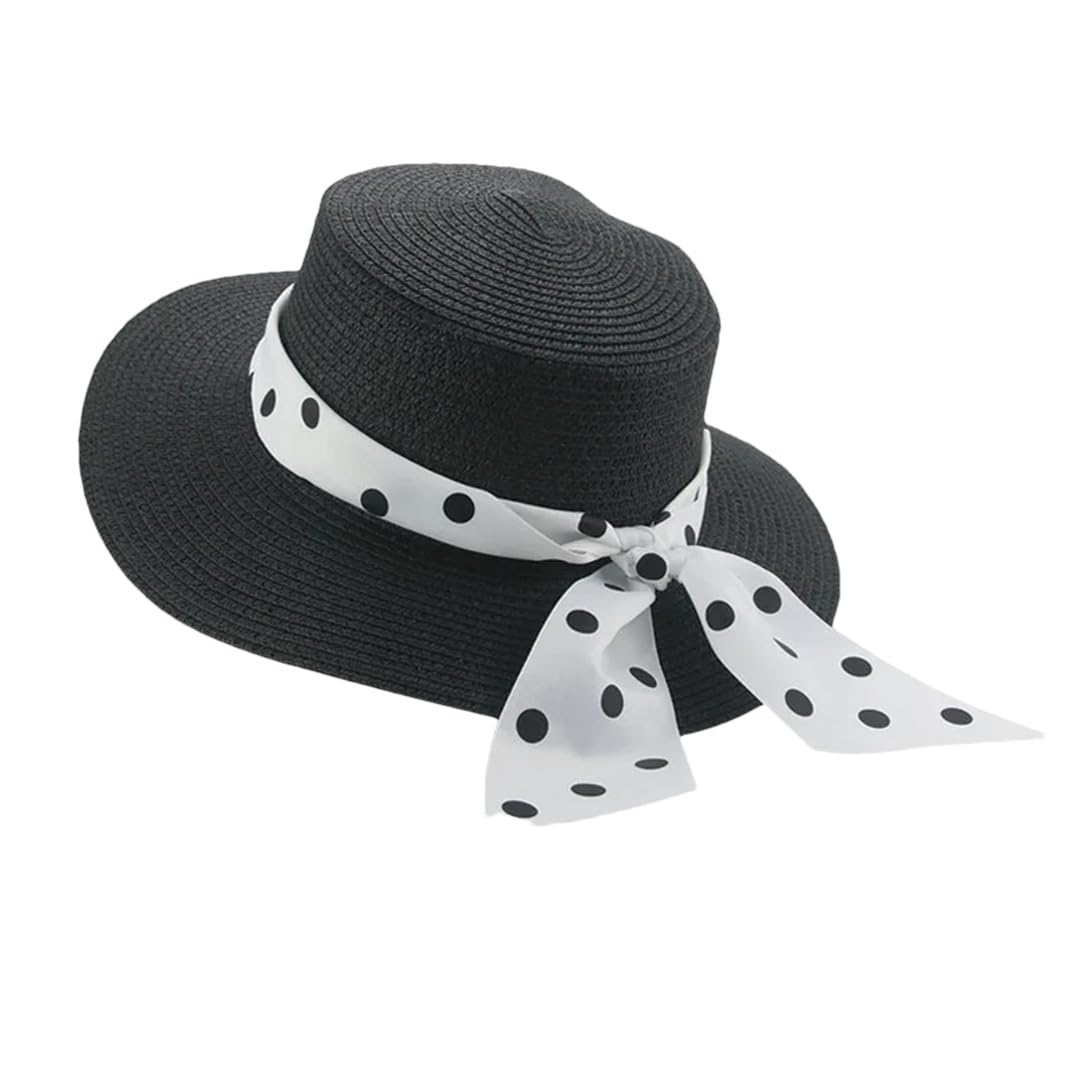 Yeuyyben Cappello da pescatore estivo da donna, cappello da spiaggia, cappelli di paglia per le donne con fiocco a nastro con parte superiore piatta elegante cappelli di paglia Sombrer