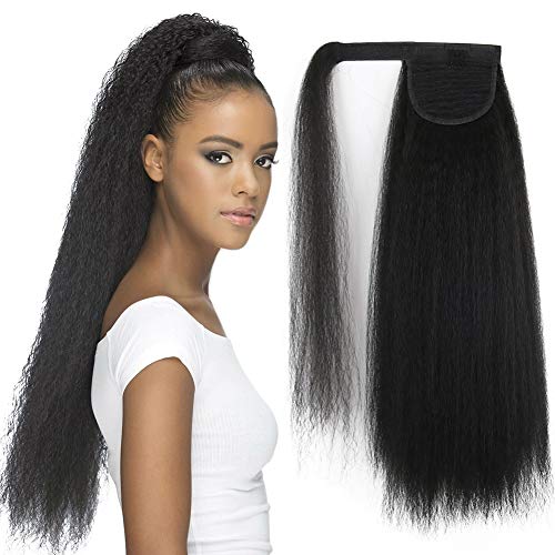 CINHOO 20 Inch Long Kinky Straight Ponytail Extension Magic Paste Clip in Yaki Wavy Synthetic Wrap Drawstring Ponytails for Black Women (Natural black)