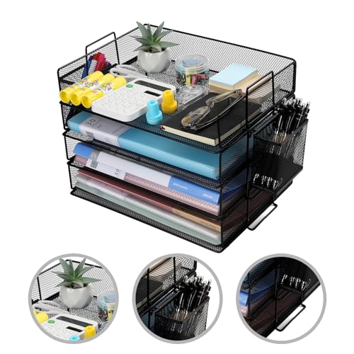 Cinnani Stapelbare Briefablage Mit Stifthalter aus Metall,4Etagen,Dokumentenablagen,A4Ordnern,Briefen,Papier,Metall Schreibtisch Organizer Tablett (Schwarz)