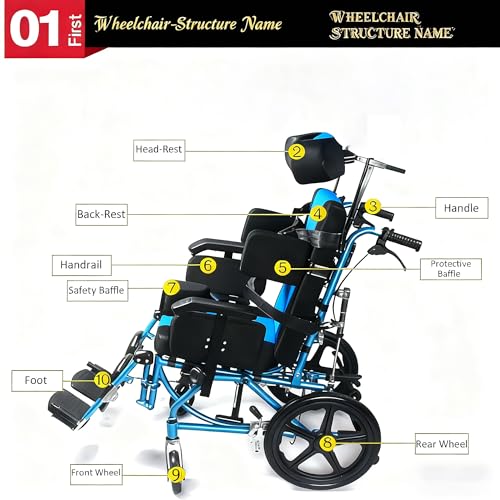 Image of Pediatric Reclining Wheelchair for Kids & Teens, 16 inch Rear Wheels, Foldable Aluminum Frame with Dining Tray & Canopy, Adjustable Seat Width for Cerebral Palsy & Neurological Support (Blue)