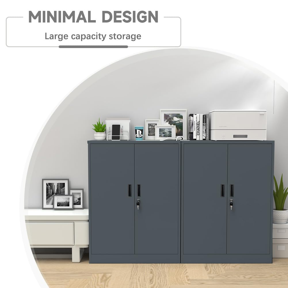 Metallschrank absperrbar mit 2 verstellbaren Regalen (90x80x40cm) - Stahlschrank für Büro, Garage & Haushalt | 50kg Tragkraft pro Regal (Dunkelgrau, 90x80x40cm)