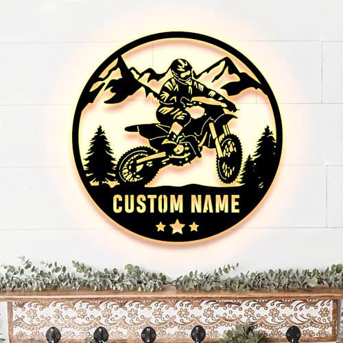 Image of Custom Dirt Bike Metal Sign With LED Light, Dirt Bike Rider Gift, Garage Sign, Man Cave, Husband Boyfriend Gift For Birthday And Christmas, Home Decor