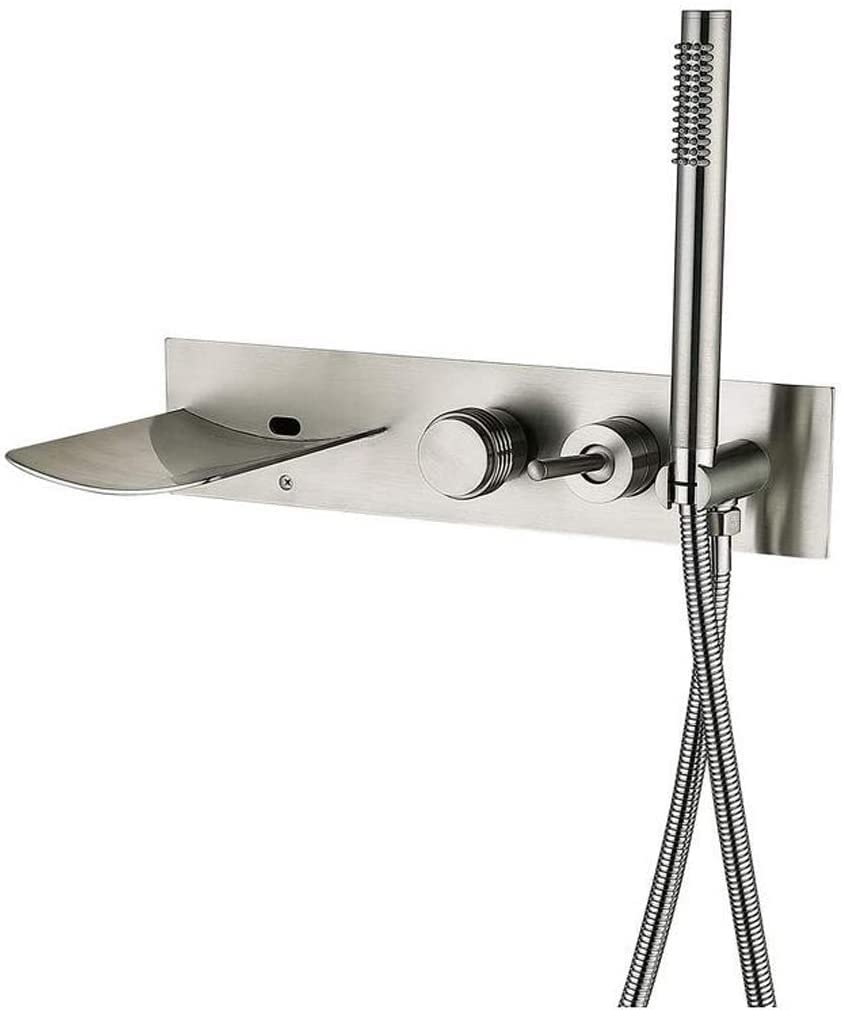 SnamicE Tub Taps, Brass Black Waterfall Tub Faucet Wall Mount Bathtub Filler Faucet with Hand Shower Bathtub Tap, Luxury Shower Set,Matte Black,Brushed Nickel