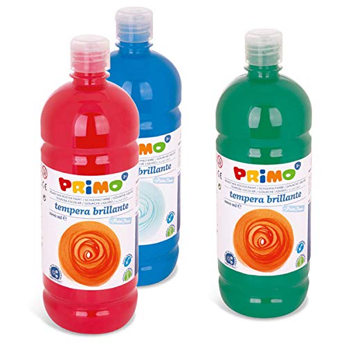 PRIMO - Tempere Lavabili per Bambini +3 Anni e Principianti in Bottiglia da 1L, Colori a Tempera Primi Passi per Dipingere su Carta, Stoffa, Vetro e Altro, Lavoretti Creativi per Bambini e Hobby