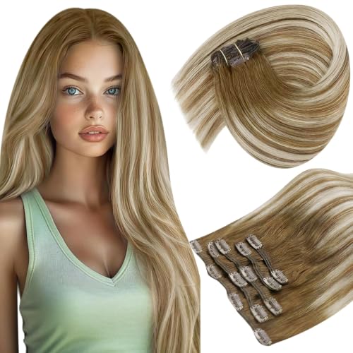 Image of Sunny Hair Clip in Hair Extensions Real Human Hair Brown Ombre Balayage | Straight Clip in Hair Extensions Light Brown Balayage Platinum Blonde Short, Temporary Highlights for a Beach 12 Inch 85g