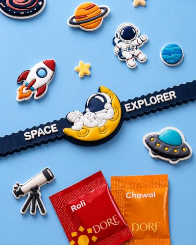 Image of Hyperfoods Rakhi for Kids Boys with Gift Astronaut Theme Activity Gift Hamper Tiramisu Bon Bites Chocolate (100g) Stationery and Game Kit for Kids Rakhis for Brother Gift Hamper for Kid (Package Wt 490g), Gross weight: 680g Rakhi with Chocolate