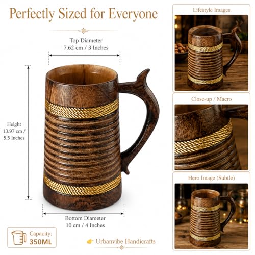 Image of Handmade Wooden Beer Mug, Wood with Sheesham Finish, Barrel Style, Lightweight & Durable, for Craft Beer, Home Bar, Cafe, Party, Gift(350ml) (Rings)