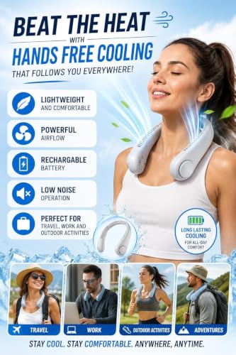 Image of BIGASUO Neck Fan Portable Wearable Cooling Fan 360 Airflow Hair-Safe Hanging Design 3-Speed Adjustable Rechargeable 4000mAh for Home Travel (1496) (Black, B028)