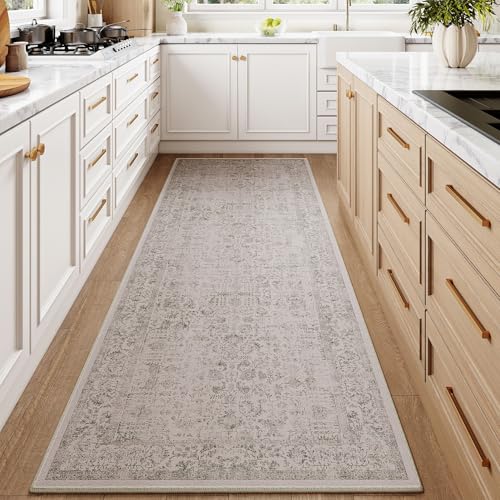 Gray Runner Rug 3x12 Hallway Machine Washable Kitchen Vintage Distressed Non Slip Long Carpet Indoor Grey Retro Floral Bedroom Accent Throw Rug for Bathroom Office Laundry Dining Living Room