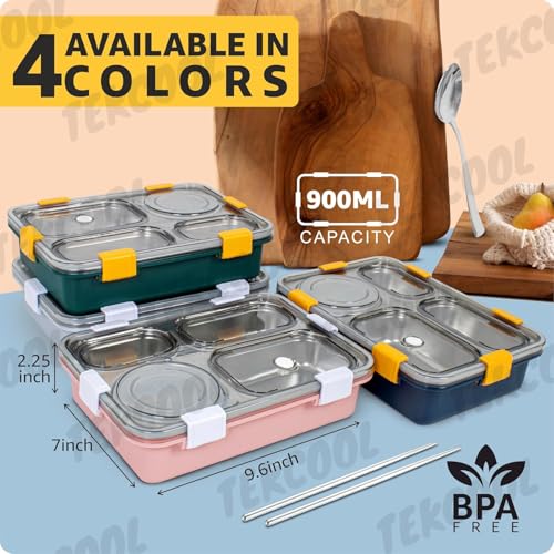 Image of TEKCOOL Lunch Box for Adults - Lunch Box for Kids - with Spoon & Fork - Stainless Steel Lunch Box with 4 Compartment - Durable Perfect Size for On-The-Go Meal, BPA-Free-';
