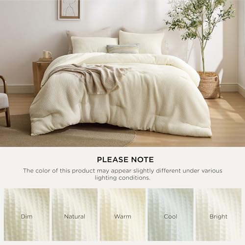 Image of Bedsure Full Size Comforter Set Ivory, Waffle Breathable Bedding Set, All Season Comforter with 3 Pieces, 1 Waffle Weave Comforter (86 inchx82 inch) and 2 Pillowcases (20 inchx26 inch)