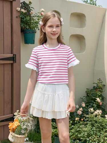 Image of Haloumoning Girls Striped Ruffle Short Sleeve T Shirts Kids Summer Crewneck Tops Casual Tees 5-14 Years