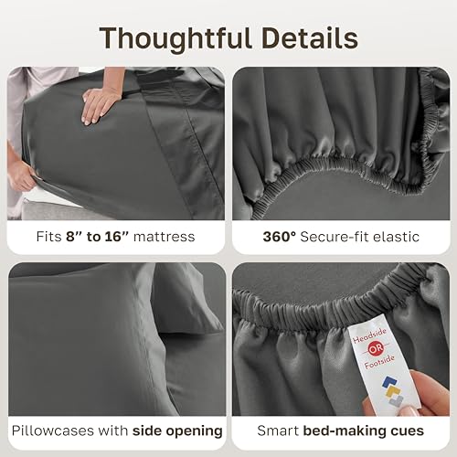 Image of California Design Den King Size Sheets Set - Luxury 600 Thread Count Sateen, 100% Cotton Bed Sheets King Size, Deep Pockets, Soft, Crisp and Durable Bedding - Dark Grey
