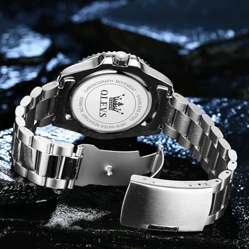 Image of OLEVS Men's Stainless Steel Watches, Large Face Casual Three Hands Analog Quartz Watch, Easy to Read Rotating Bezel Date Waterproof Luminous Dress Watches for Men