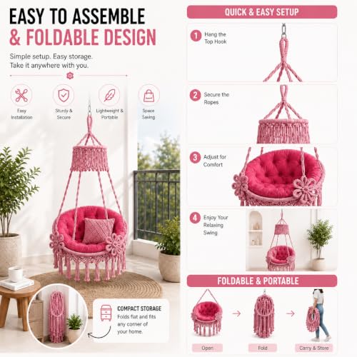 Image of Premium King Size Hammock Chair Swing with Cushion, 200kg Capacity | Indoor Outdoor Heavy Duty Adults & Kids Hanging Jhula for Home, Garden, Patio & Balcony | 1 Year Warranty (Pink)