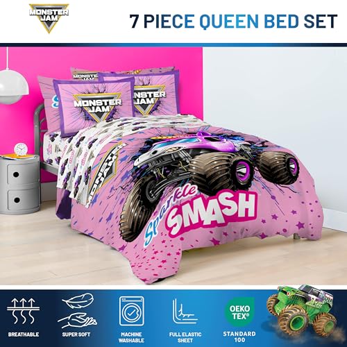 Image of Monster Jam Queen Comforter Set 7 Piece Kids Bedding for Girls, Pink | Sparkle Smash, Bed in a Bag, Comforter Sheets Shams Pillowcases, Soft Microfiber, Machine Washable, Girls Gift