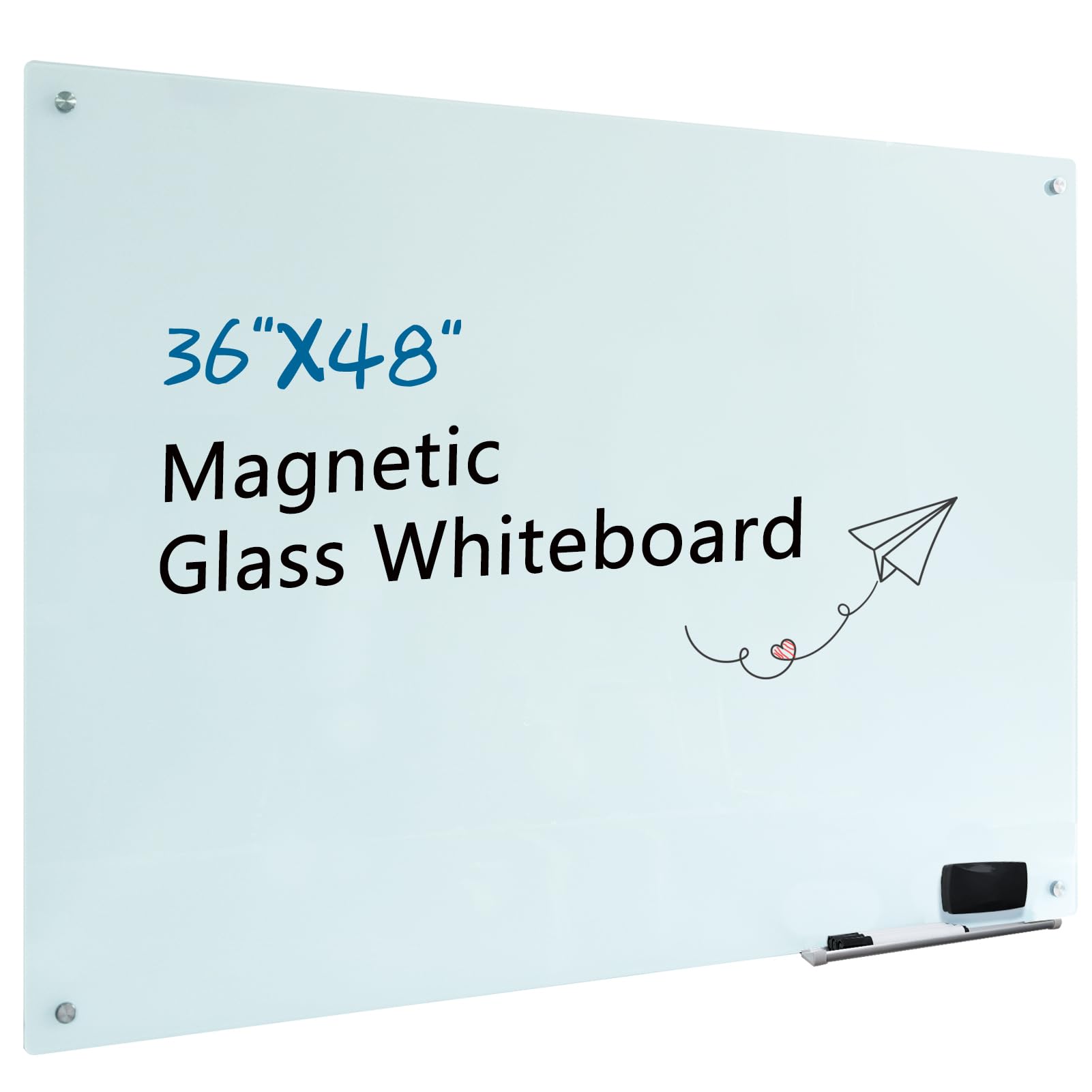 Gooderboard Magnetic Glass Whiteboard 48"x36" Glass Dry Erase Board 48"x36" Frameless Wall Mounted White Board Writing Board Glassboard for Office