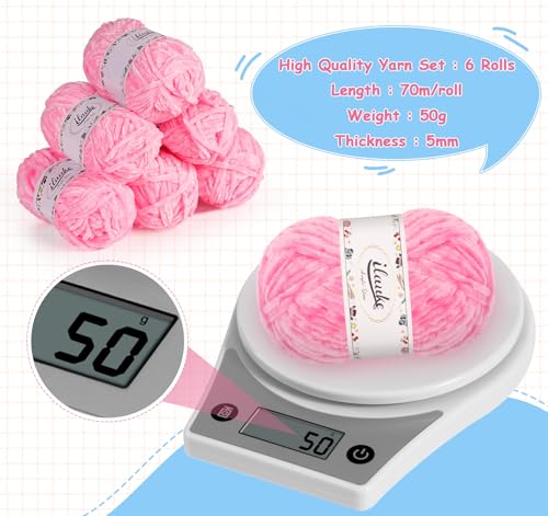 ilauke 6 x 50 g (6 x 70 m) Chenille Garn, Samt Chenille Wolle zum Häkeln und Stricken mit Nadeln mit Handtasche, Rosa Babywolle zum Stricken Weich für Kleidung, Decken, Schals, Kuscheltiere Amigurumi