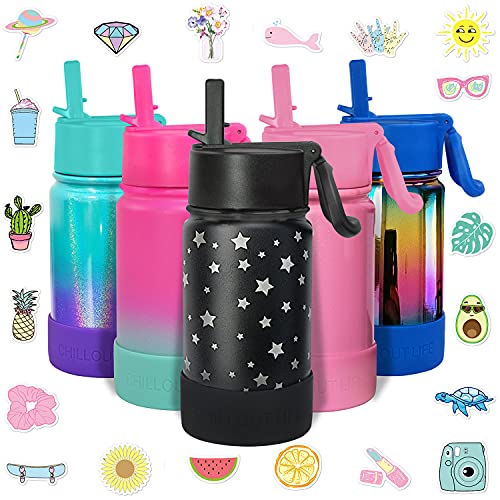CHILLOUT LIFE Botella de agua aislada de 12 onzas para niños, con tapa con pajilla, a prueba de fugas y bonitas calcomanías impermeables, termo de acero inoxidable personalizado para niñas y niños