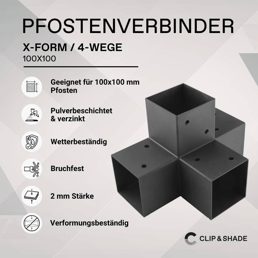 Connettore angolare X | connettore per pali a 4 vie | cavo per pali | prolunga per coperture per terrazze 100 x 100 mm