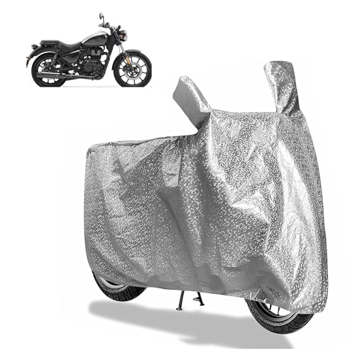 Image of Sulfar Bike Cover for Royal Enfield Meteor 350 (Fireball /Stellar /Supernova) | Waterproof, Dustproof & UV Protected | All Weather Two Wheeler Cover (Silver) New 2026 Variants