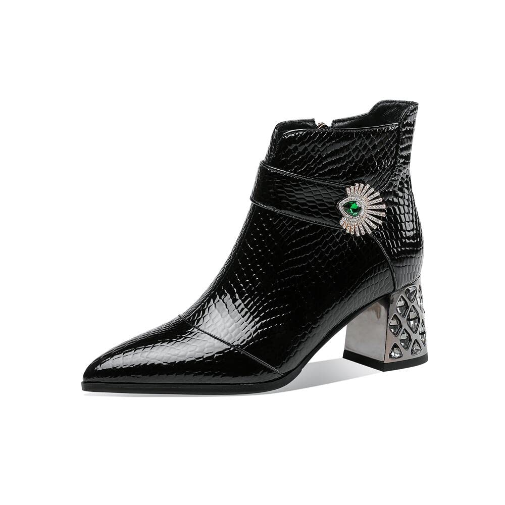 TinaCus Handmade Womens Patent Leather Side Zipper Pointed Toe Mid Rhinestones Chunky Heel Ankle Boots Shoes