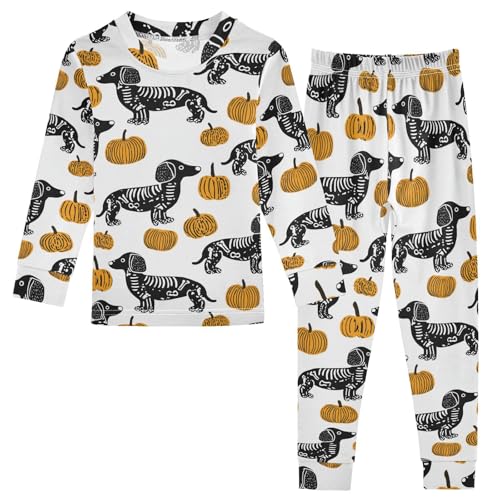 Fustylead Hand Draw Skeleton Dachshund and Pumpkin Cotton Pajamas Long Sleeve Sleepwear Lounge Set