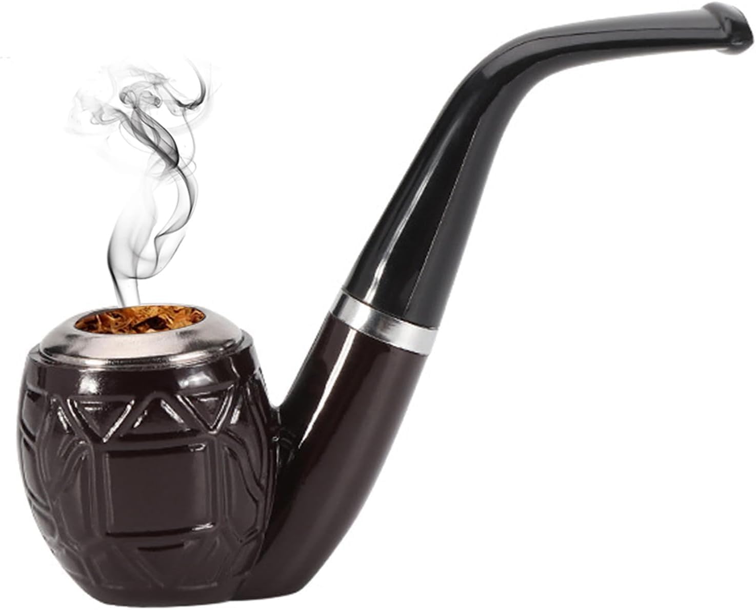Tobacco Pipe, Cigarette Cigar Pipe, Resin Wooden Pipe, Dark Brown Wood Style with Chrome Stem, Traditional Smoking Design
