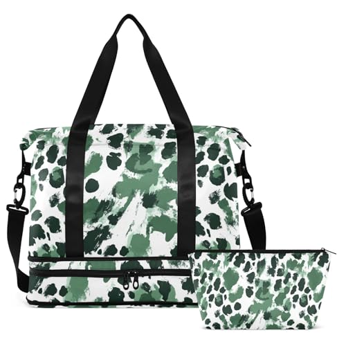 ALAZA Green White Leopard Spots Gym Bag Sports Duffel Bag with Shoes Compartment, Overnight Weekender Travel Tote Bag for Women Men Trip College2