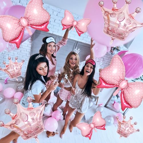 Image of 10pcs Rose Gold Crown Balloons And Light Pink Bow Balloon, Light Pink Bows Balloons, Large Rose Gold Crown Foil Balloon With Two Sizes For Birthday Baby Shower Theme Party Wedding Decor