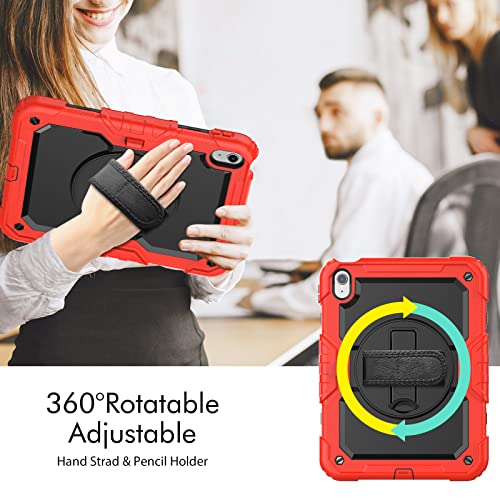 Sibeitu for iPad (A16) 11th/ 10th Generation Heavy Duty Case 10.9 Inch 2025/2022 with Screen Protector, Military Grade Defender Protection, Rugged Shockproof Cover with Stand & Strap, Red