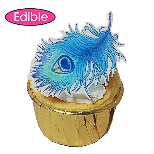 CHOCKACAKE 30x Edible Wafer Paper Blue Peacock Feather for Cake Cupcake Toppers/Decorations Wedding Party Cake Decoration