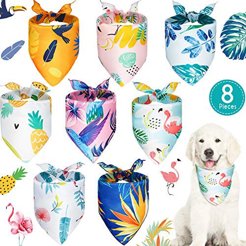 8 Pieces Pet Bandanas Dog Summer Bandana Hawaiian Dog Scarf Pet Triangle Bibs Adjustable Rainforest Fruit Flamingo Style Bandana for Small Large Dogs