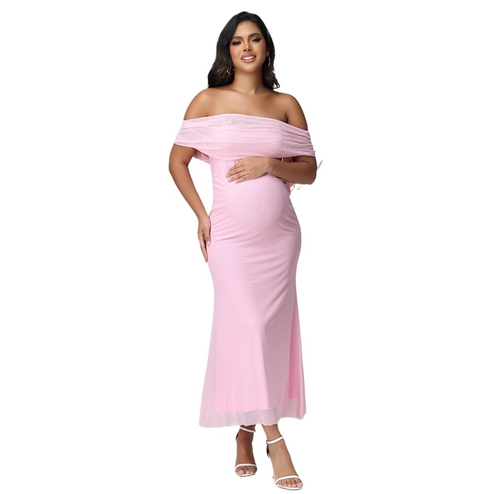 Vestido de Embarazo Vestido de Maternidad Malla con Hombros Descubiertos for Mujer for sesión Fotos, Exquisito Vestido Largo sin Tirantes Volantes for Baby Shower
