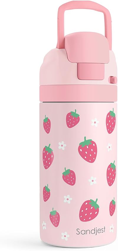 Strawberry Kids Insulated Stainless Steel Water Bottle 16 Oz, Travel Tumbler for School, Sports for Girls, Birthday, Back to School