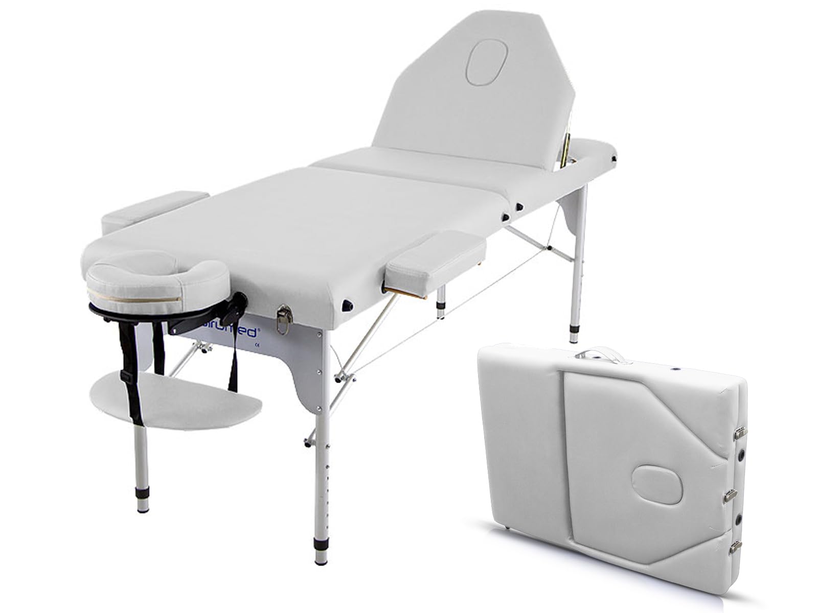 QUIRUMED Camilla de Masaje Plegable de Aluminio Elite, 186 x 66 cm, Color Blanco, Mesa de Masaje, Polipiel, Acolchado Alta Densidad, Ligera, Regulable en Altura