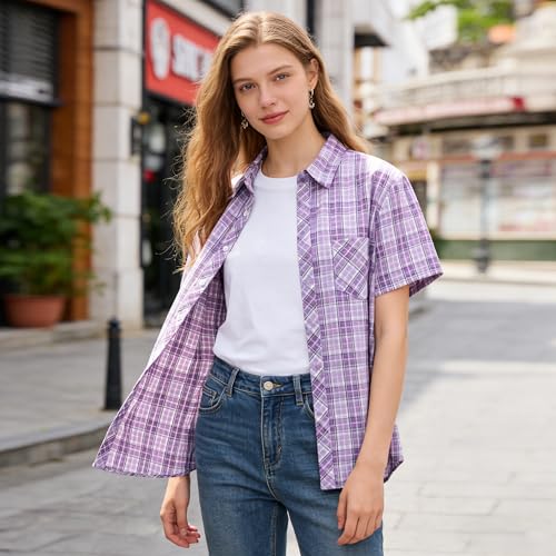 Image of SANGTREE Girls and Women Plaid Shirt Short Sleeve Button Down Summer Blouses Tops