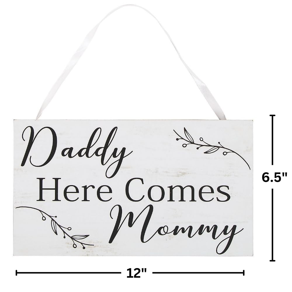 Daddy Here Comes Mommy Wedding Sign - Wood with Ribbon Handle - Ring Bearer Sign and Decor