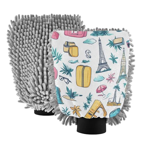 ALAZA Travel Element Leaves Car Wash Mitt Scratch Free, 2 Pack Absorbent Microfiber/Chenille Washing & Drying Mitts, M